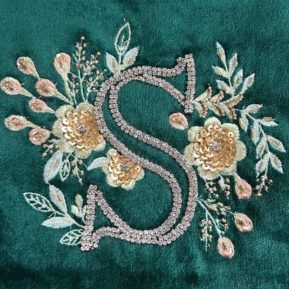 Emerald Green small pouch makeup bag with “s” jeweled and floral
